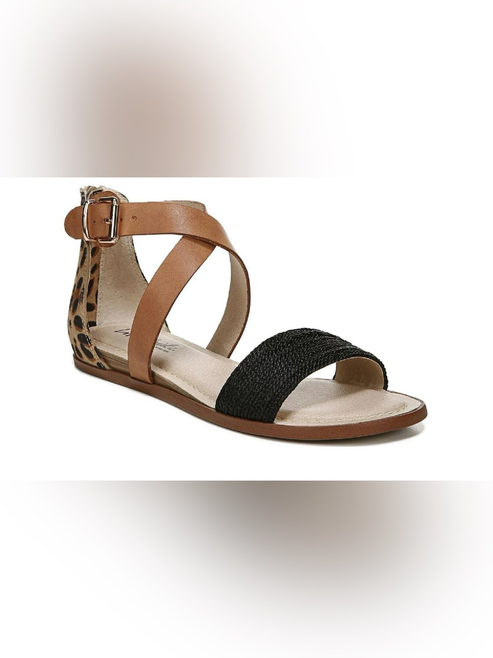 Womens Life Stride Riley Tan and Black Ankle-Strap Sandal with Leopard Accent